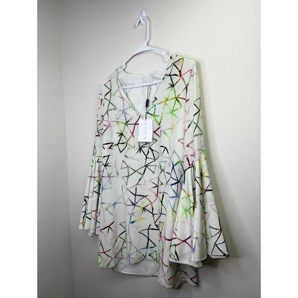 NWT ALEXIS White Silk Multicolor Abstract Print Bell Sleeve Shift Dress … - Picture 4 of 5